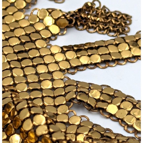 Whiting & Davis Gold Tone Chainmail Metal Fringed Vintage Bib Necklace 1970s - Picture 8 of 14